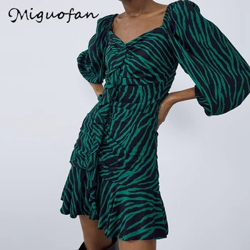 

Miguofan women dress animal zebra stripe print draped dresses puff long sleeve sexy lady mini dresses female 2020 spring vestido