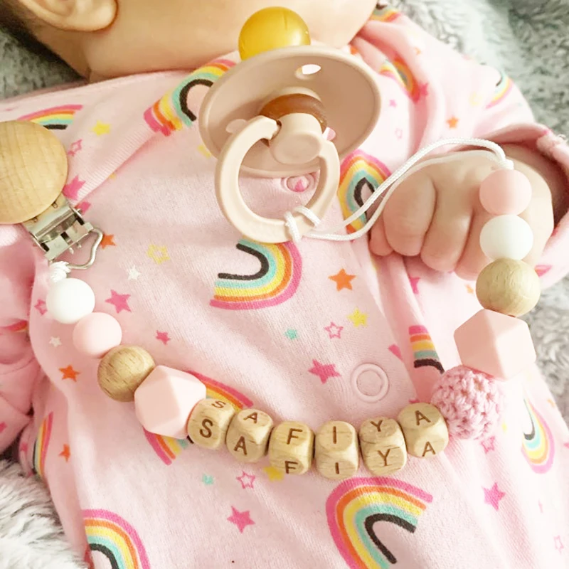 Pacifier Clip Handmade Free Personalized Name Silicone Wood Pacifier Clips Safe Teething Chain Baby Teether Eco-friendly Dummy Clips Holder