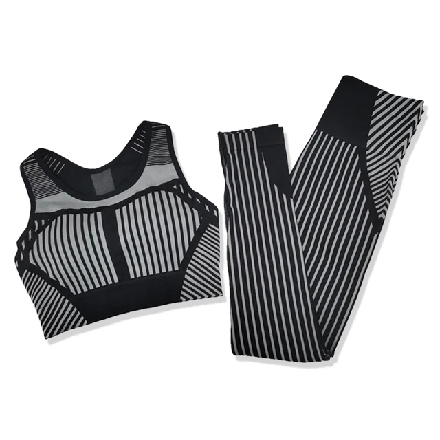 Strip Seamless Women Yoga Set for Fitness Sports Suits Gym Wear Clothing Running Top Bra Leggings Workout Pants Tracksuits,ZF449 Black Fitenss Sets