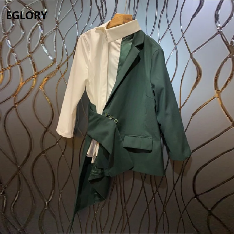 

2019 Autumn Casual Jacket High Quaity Women Turn-down Collar Green White Color Block Patchwork Long Sleeve Asymmetrical Coat