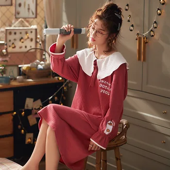 

Women Red Nightgowns Sleepshirts Ladies Cotton Doll Collar Casual Loose Nightdress Female Soft Sweet Cute Winter Home Clothing