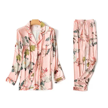 

Summer Women Pajamas Sets With Pants Silk Pijama Satin Pyjama Flower Print Nightwear 2 Piece Set Long Sleeve Sleepwear