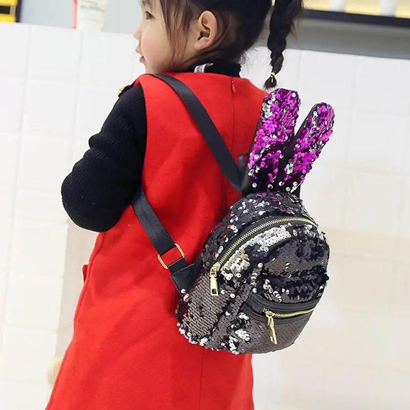 

Mini Shining Sequins School Backpack Women Rabbit Ears Rucksack Cartoon Label Purse Zipper Shoulder with Small Bag