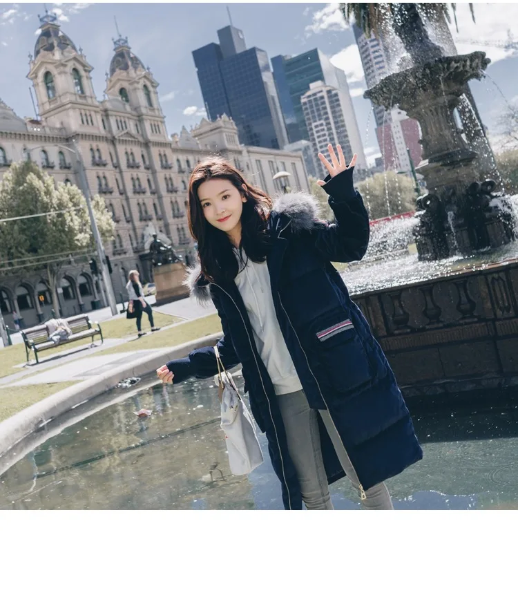 Photo Shoot Contrast Color Webbing Large Fur Collar Hooded Cotton-padded Clothes Women's CHIC Textured Dark Blue Velvet Loose-Fi