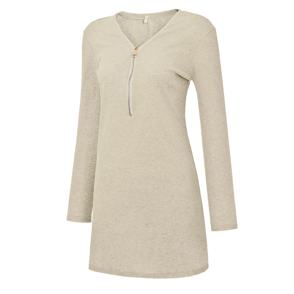 Above Knee Dress Fashion Women AutumnSexy Solid V-Neck Dresses Long Zipper Long Sleeve Tight Winter Mini Dress Girl Ladies 729