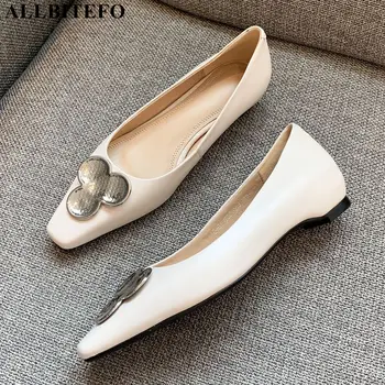 

ALLBITEFO soft natural genuine leather women heels Golden decoration fashion casual shoes woman low heel shoes girls high heels