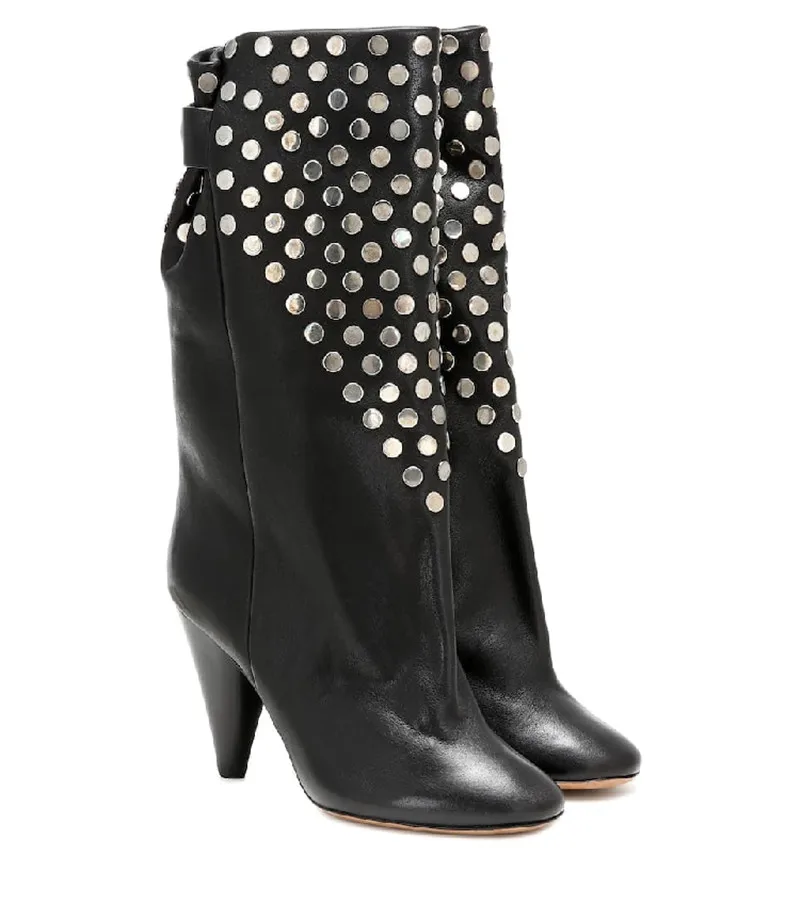 

2019 Runway Leather metal Rivet Heels Boots Winter spike Rivet Ankle Boots Women Punk high Heels Black motorcycle Boots Woman