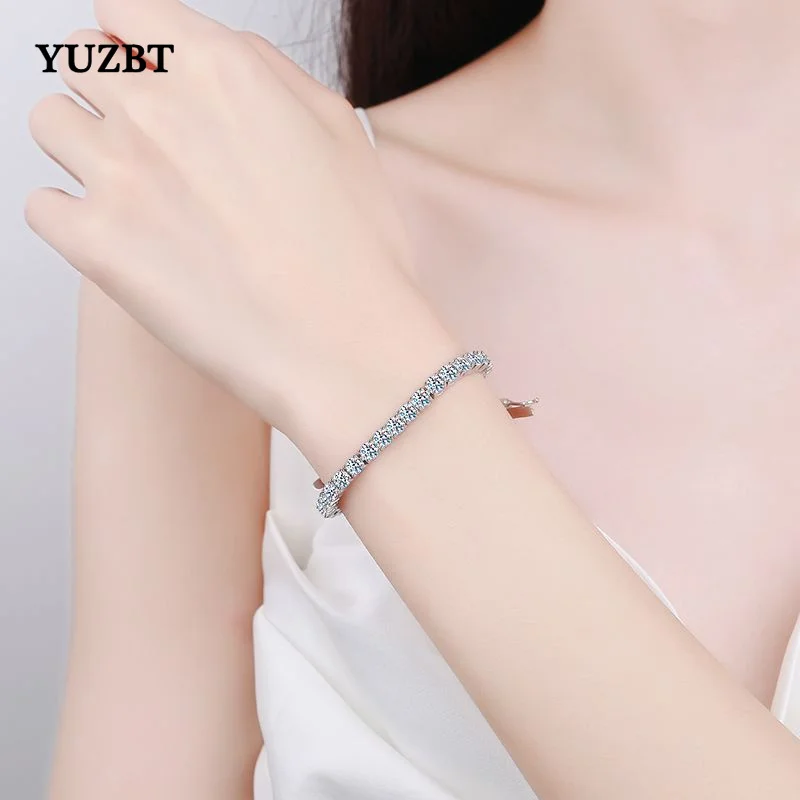 YUZBT 18K White Gold Plated Excellent Cut 5 Carat Gemstone Diamond Test Past D Color Moissanite Stones Beads Bracelet Chain