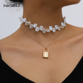 

IngeSight.Z 2Pcs/Set Multi Layered Irregular Imitation Pearl Chain Choker Necklace Collar Punk Padlock Pendant Necklaces Jewelry