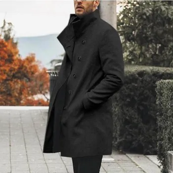 

Solid Wool Blends Plus Size Single Breasted Office Causal Retro Men's Winter Coat Slim Overcoat Man Outwear S-5XL Gray/Black
