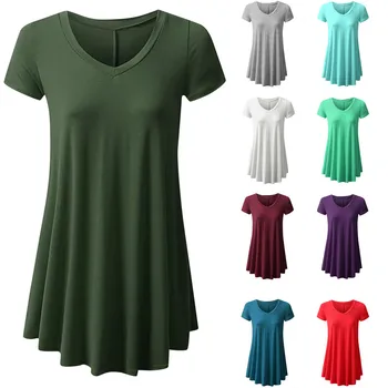 

Women's Summer T-Shirts V-neck Short Sleeve Solid Color Flowy Loose Casual Shirt Lady Tops Tunics T-shirts Female Casual 2020