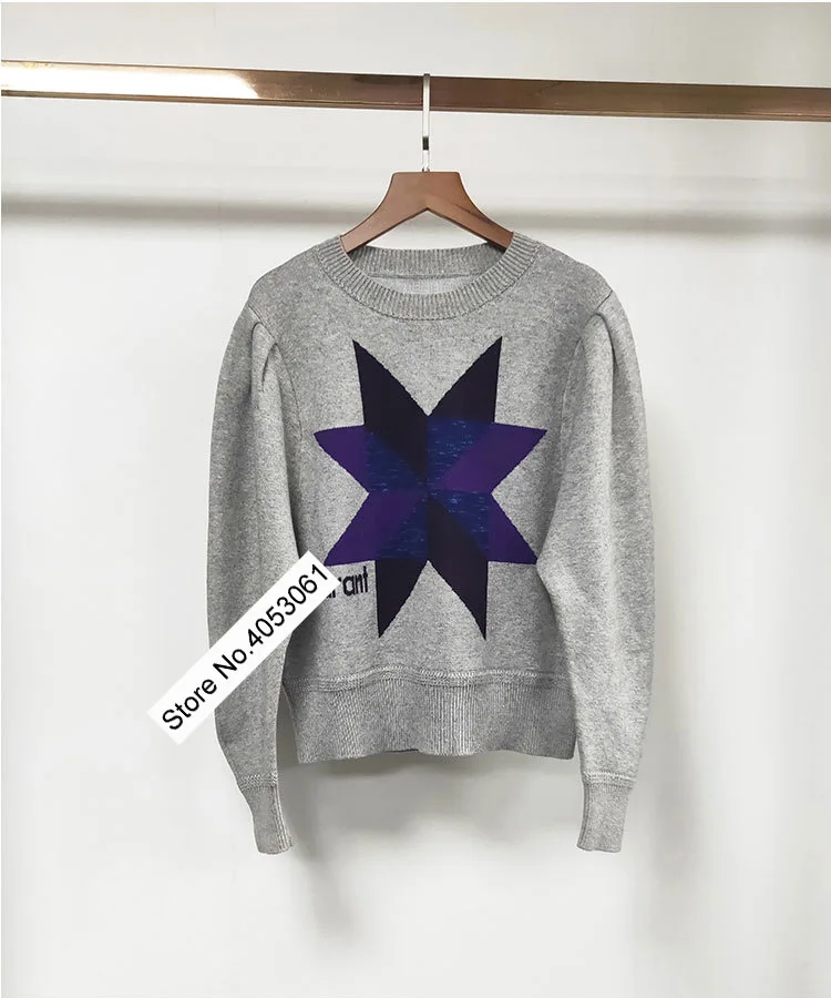 grey as pic Хлопковый и шерстяной свитер с геометрическими узорами и буквенным принтом с круглым вырезом-женский серый/розовый вязаный пуловер с пышными рукавами - Цвет: grey as pic