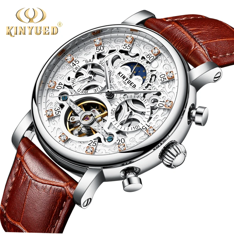 

KINYUED Mechanical Watches Mens Sport Tourbillon Skeleton Watch Automatic Self-Wind Waterproof Men Moon Phase Horloges Mannen