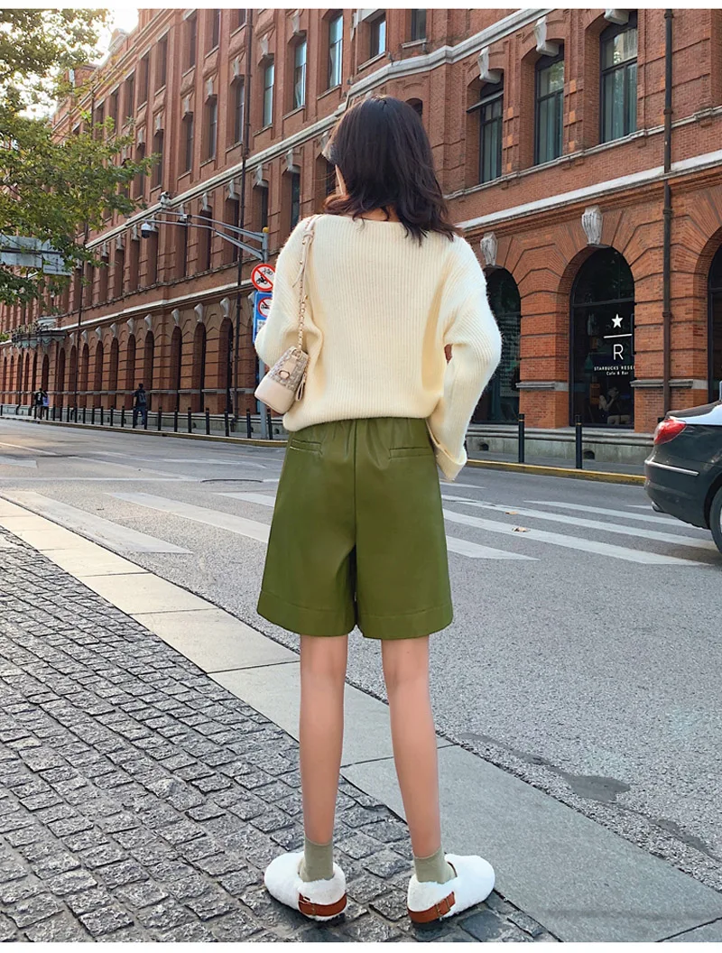 S-3XL Fashion PU Leather Shorts Women's Autumn Winter New Elastic Waist Loose Five Points Leather Trouser Plus Size Shorts