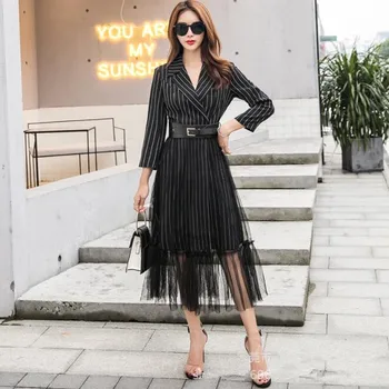 

2019 Office Ladies Dress Autumn Mesh Patchwork Striped Blazer Dress Long Sleeve Slim Fit Women Dresses