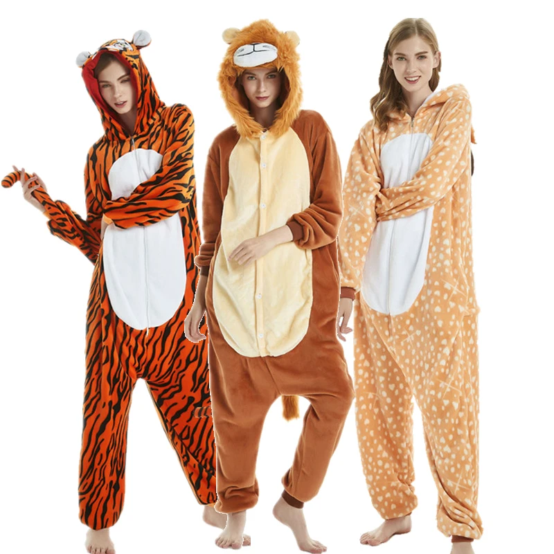 New Style Women Pajama Suit Kigurumis Animal lion  Sika deer Onesie Homewear  Sleepwear Flannel Adult Pijamas Party Costume