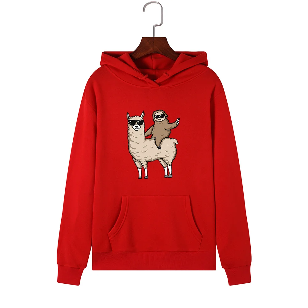 SINGRAIN, женские зимние толстовки, Женский пуловер большого размера, уличная одежда, милый Принт Ленивец альпака, мультяшный теплый свитер с капюшоном - Цвет: red