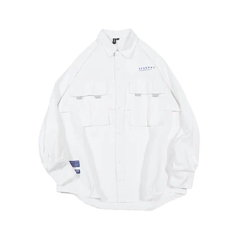 

Men Long Sleeve Shirts Slim White Hip Hop Shirt Formal Long Sleeve Casual Mens Shirts Streetwear Men Shirt Double Pocket II50CS