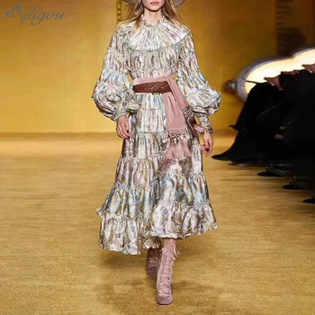

Ailigou 2020 New Runway Fashion Fall Dress Women's Round Neck Full Sleeve Designer Lantern Flower Print Ruffled Retro Dress