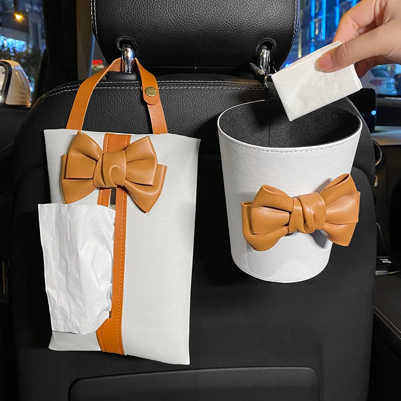 

New Bowknot Hanging Car Seat Back Trash Can Storage Bag Tissue Box Tissue Bag Car Interior Accessories