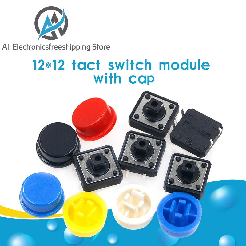 

25PCS Tactile Push Button Switch Momentary 12*12*7.3MM Micro switch button + 25PCS Tact Cap(5 colors) for Arduino Switch