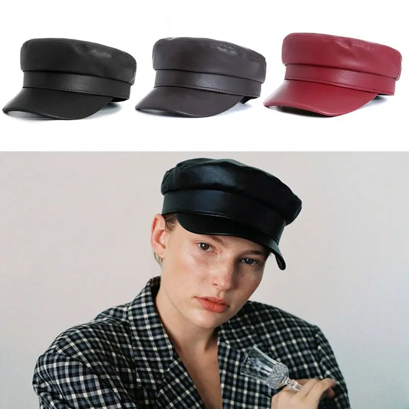

Fashion Women PU Flat Top Sailor Cap Imitation Leather Retro Wild Lady Luxury Navy Captain Hat
