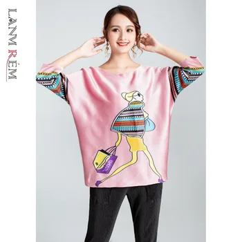 

LANMREM 2020 New autumn Round Collar Print Colorblock T-shirt Solid Color Cropped Pants set Women Vintage Pleated Set PD761