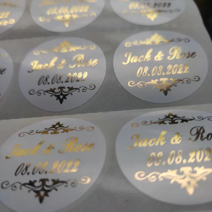100pcs/Lot Custom Gold Foil Stickers Wedding Favor Stickers Gold Foil  Custom Stickers Custom Gold Foiled Clear Stickers (G,3cm)
