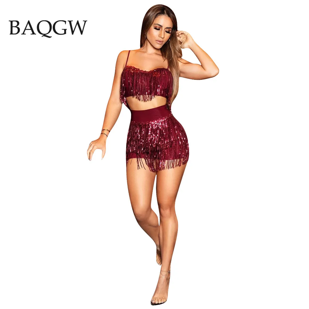 Sequined Tassel Two Piece Set Women Dance Clothing Spaghetti Strap Crop Tops and Shorts Sets Sexy Shining Party Club Outfits