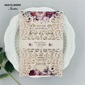 

Laser Cut Luxury Floral Blush Wedding Invitation Card, Customized Insert With Bellly Band