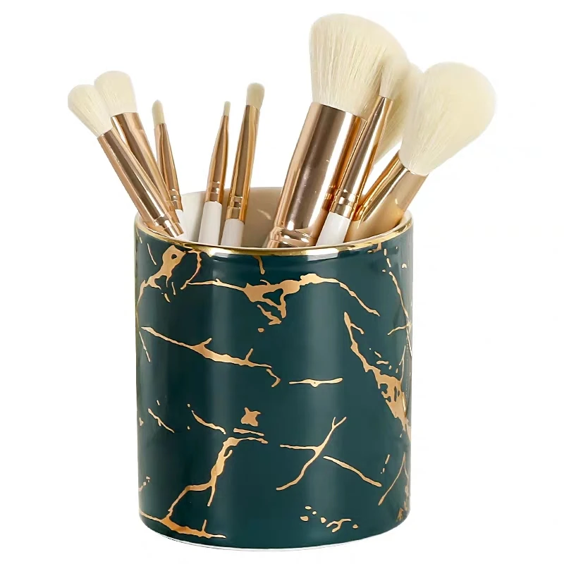 Nordic Ins Marble Pattern Pen Holder Cosmetic Brush Storage Box Makeup Brush Holder Ceramic Jar Home Table Decoration Container