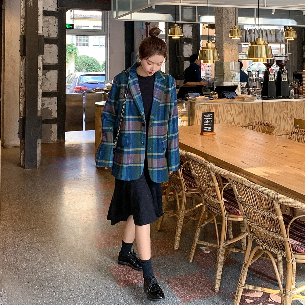 

Photo Shoot Korean-style Contrast Color Plaid Woolen Jacket 2020 Spring New Style WOMEN'S Dress Retro Laziness-Style Short Suit