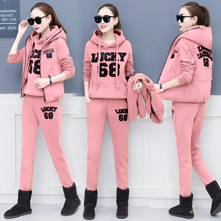 Winter Thick Fleece Women Sport Suit Tracksuit Letter Print Jacket+hoodie+pant Warm Casual Jogger Running Outfit Set Sportswear