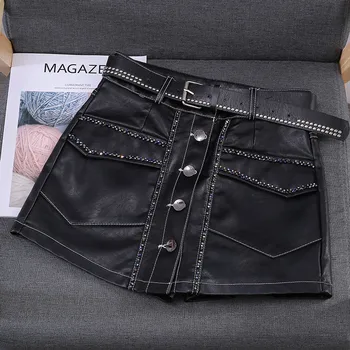 

Heavy Industry Beads Single-Breasted High Waist A- Line Skirt Female Slim PU Leather Short Skirts with Belt Women Sexy Skirts