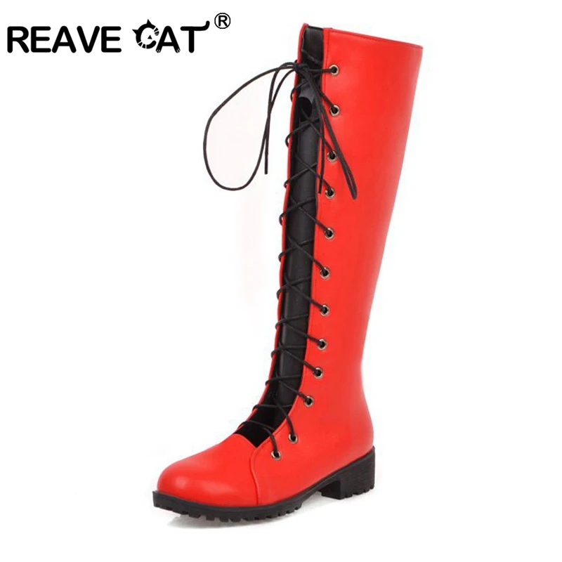 

REAVE CAT Fashion Knee High Boots for Women Round Toe Square Heel Lace-up Patchwork Cross-Tied Platform Big Size 40-43 Black Red