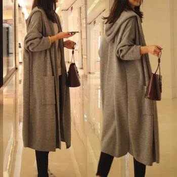 

Women Sweater Autumn Winter Knitted Hooded Fashion Long Sleeve Cardigan Casual Loose Outwear Tops