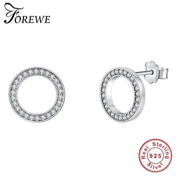 

FOREWE 100% 925 Sterling Silver Stud Earrings Luminous Crystal CZ Circle Round Earrings for Women Wedding Jewelry Christmas Gift