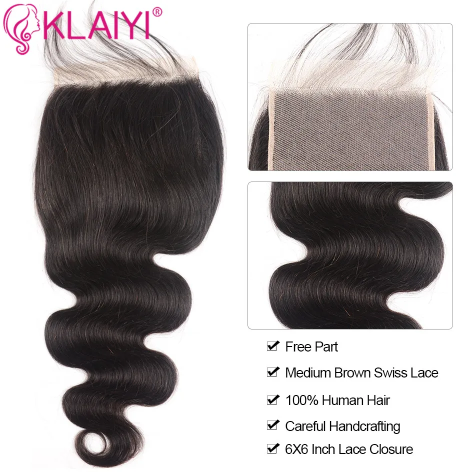 KLAIYI Brazilian 6*6 Closure Remy Hair Free Part Natural Black Color Human Hair Body Wave Lace Closure with Boby Hair