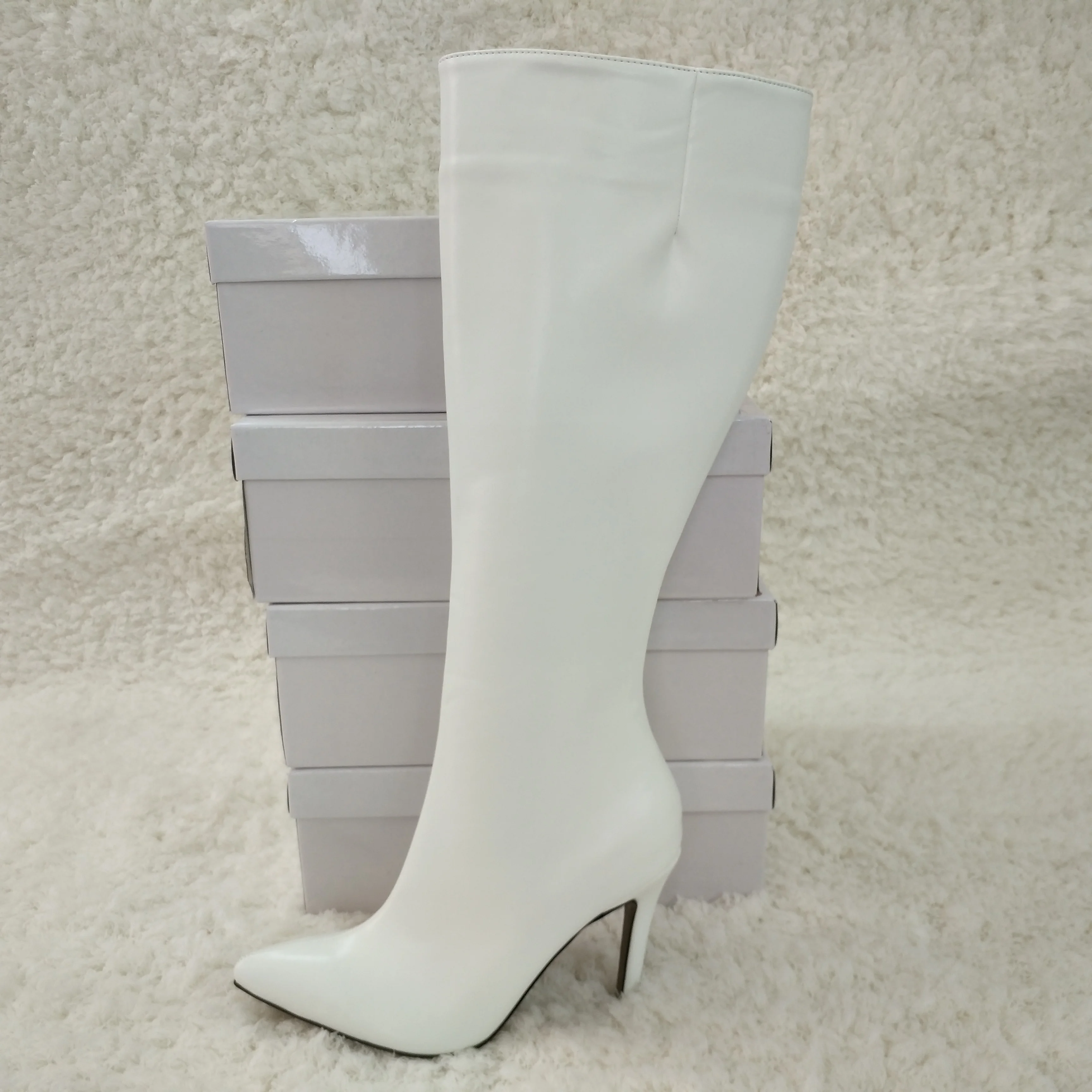Women Stiletto Thin High Heel Knee-High Boots Pointed Toe White PU Fashion Evening Party Ball Lady Office Long Boots 70887BT-r