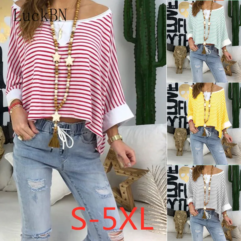 2019 5XL Large Size Stripe T-Shirt Women Tees O-neck Long Sleeve Autumn Casual Loose Tops T Shirts Women's Clothing T-Shirts