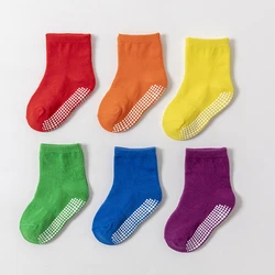 6 Pairs/lot 0- 5 Years Anti-slip Non Skid Socks With Grips For Baby Toddler Kids Boys Girls All Seasons Cotton Solid Color Socks