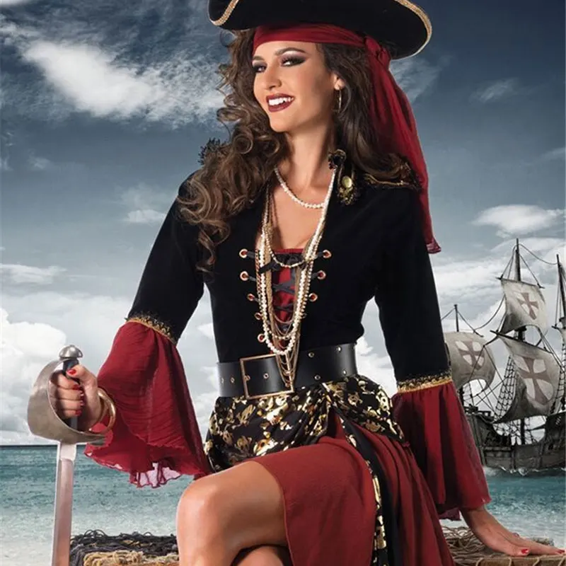 Koop Ataullah Vrouwelijke Caribbean Pirates Captain Kostuum Halloween Rollenspel Cosplay Pak Medoeval Gothic Fancy Vrouw Jurk DW004