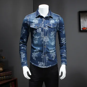 

Casual Print Denim Men New Fashion Shirts Turn Down Collar Long Sleeve Leisure Quality Male Tops