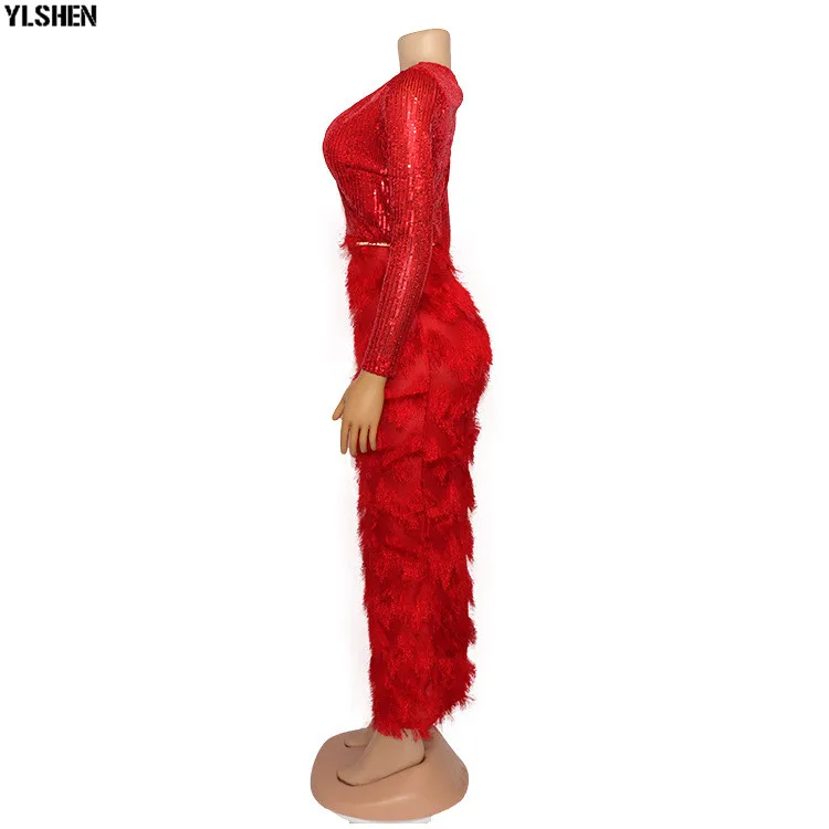 New African Dresses for Women Fashion Sequins Fur Fabric Bodycon Long Maxi Dress African Clothes Lady Elegant Paty Evening Robe 04