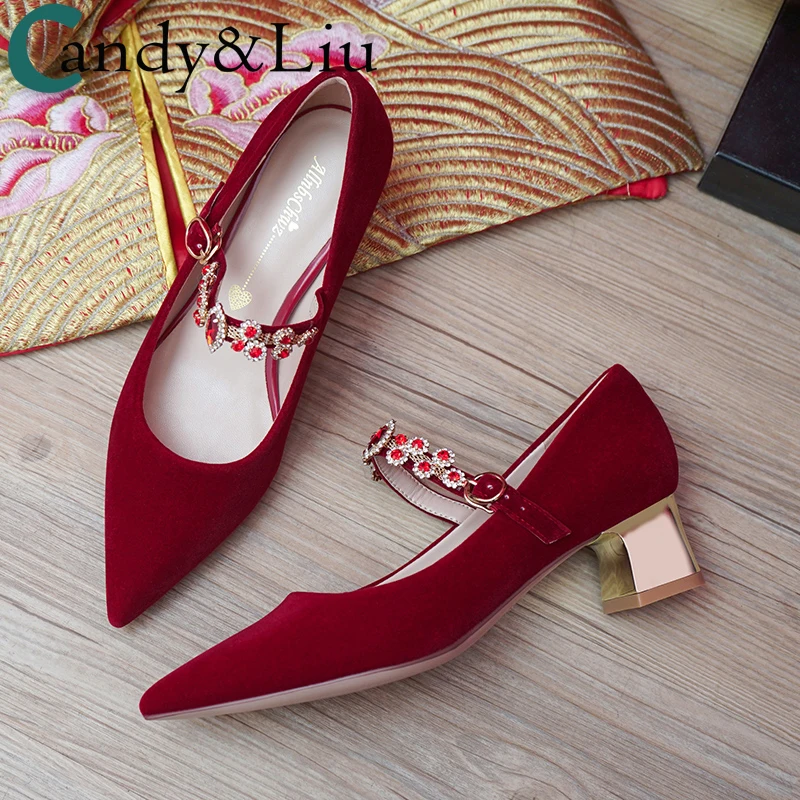 Women Shoes Honorable Wine Red Pointed Toe Texture Suede Gold Lower Fat ...