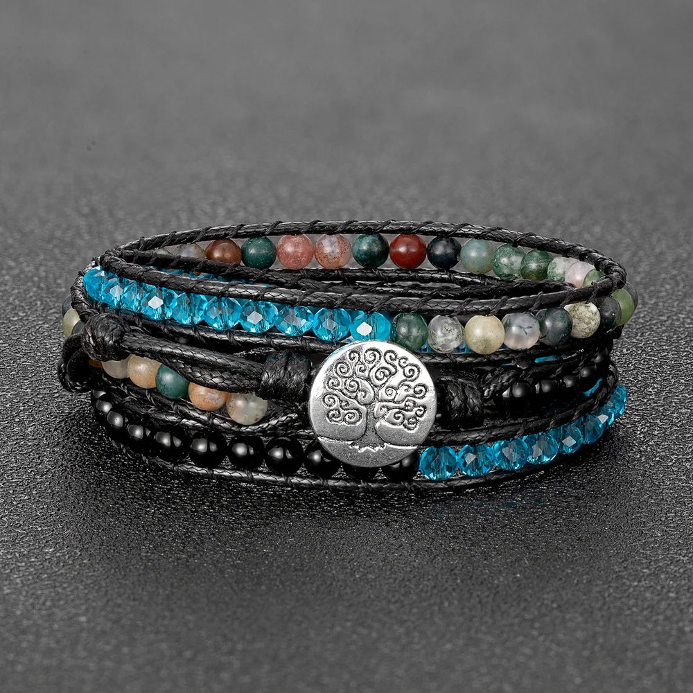 Fashion Handmade Crystal Natural Stone Combination Beaded Bracelet Boho Jewelry Tree of Life Button 3 Strands Wrap Bracelets | Украшения и