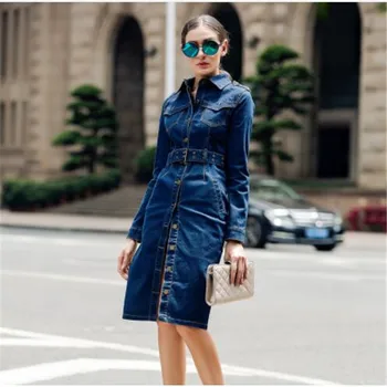 

Top Fashion Womens Casual Overcoat Cotton Long Trench Brand Female Denim Clothing Jeans Blue Color Single Breasted Coats 4XL