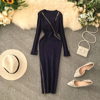 

Women Fashion Dress Knitted O-neck Long Sleeve Waist Slim Stretch Knitting Dress Female Dress Zipper Sheath Mid-calf Long Dress
