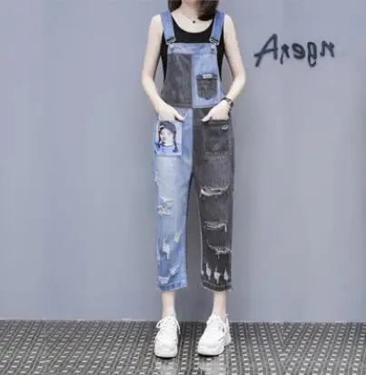 Осенние модные джинсовые комбинезоны с принтом женские лоскутное одеяло Комбинезоны женские уличные джинсовые комбинезоны w884 - Цвет: photo