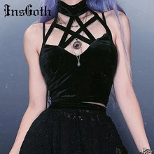 InsGoth Hallow Out Black Camis женские сексуальные топы на бретельках Готический пентаграмма бандажный Холтер женские облегающие топы с открытой спиной уличная одежда